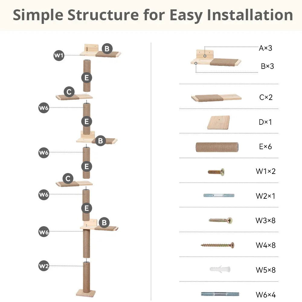 Petcozife 5-Tier Cat Tree Tower - Floor to Ceiling Wall-Mounted Scratching Post and Play Shelves for Cats