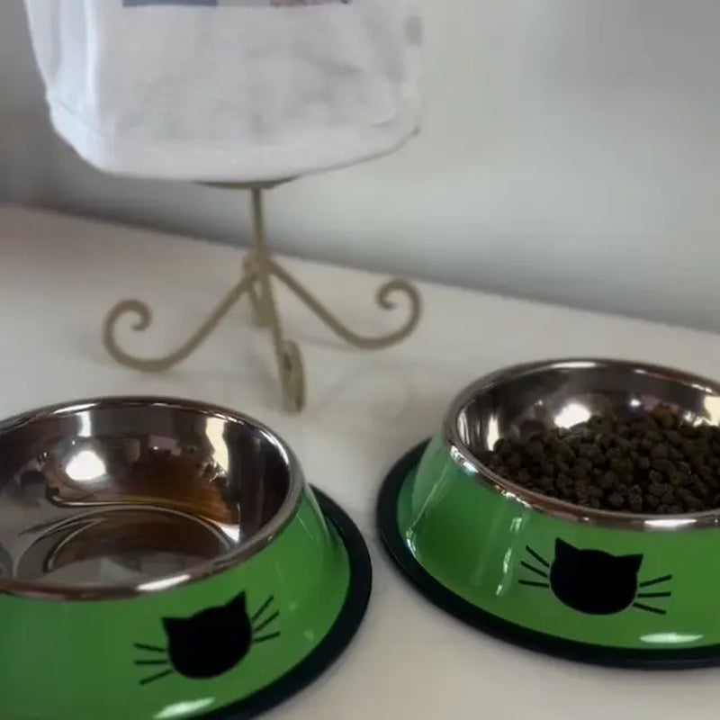 Stainless Steel Cat Kitten Feeding Bowls Set of 2 - Vibrant Kitty Print, Rubber Bottom for Stability, Ideal Serving Size for Pet Treats (Non-Smart, Dish Alternative Option)
