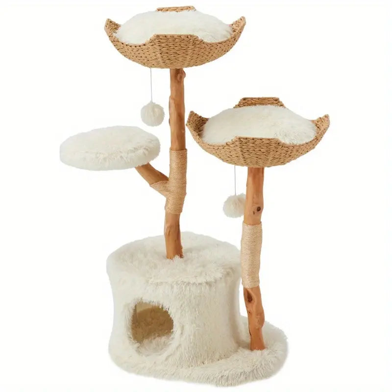 Natural Wood Multi-Level Cat Tower with Hand-Woven Baskets and Condo for Indoor Cats - White Finish