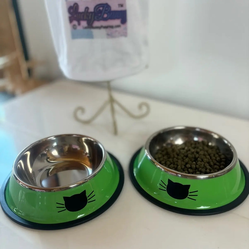 Stainless Steel Cat Kitten Feeding Bowls Set of 2 - Vibrant Kitty Print, Rubber Bottom for Stability, Ideal Serving Size for Pet Treats (Non-Smart, Dish Alternative Option)