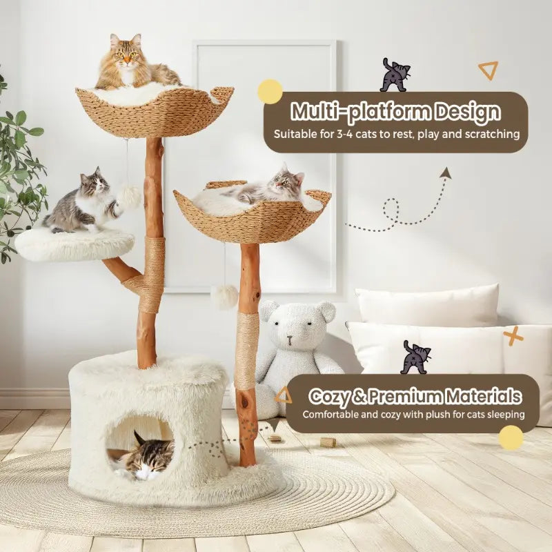 Natural Wood Multi-Level Cat Tower with Hand-Woven Baskets and Condo for Indoor Cats - White Finish