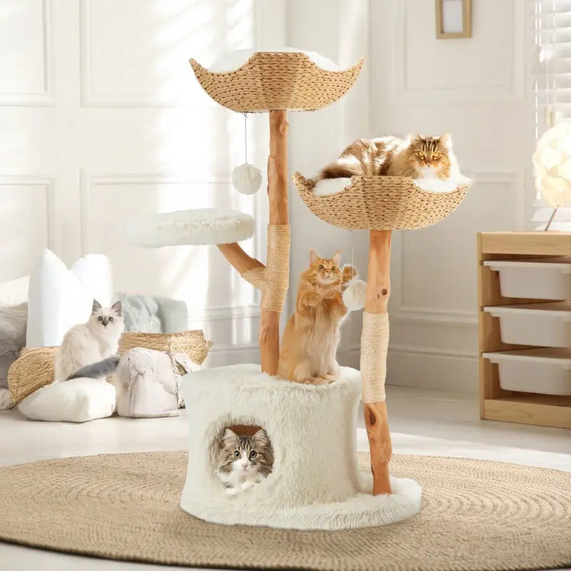 Natural Wood Multi-Level Cat Tower with Hand-Woven Baskets and Condo for Indoor Cats - White Finish