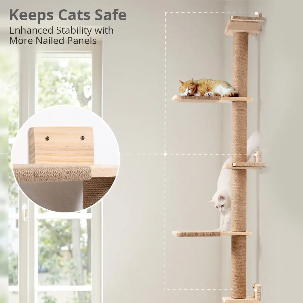 Petcozife 5-Tier Cat Tree Tower - Floor to Ceiling Wall-Mounted Scratching Post and Play Shelves for Cats