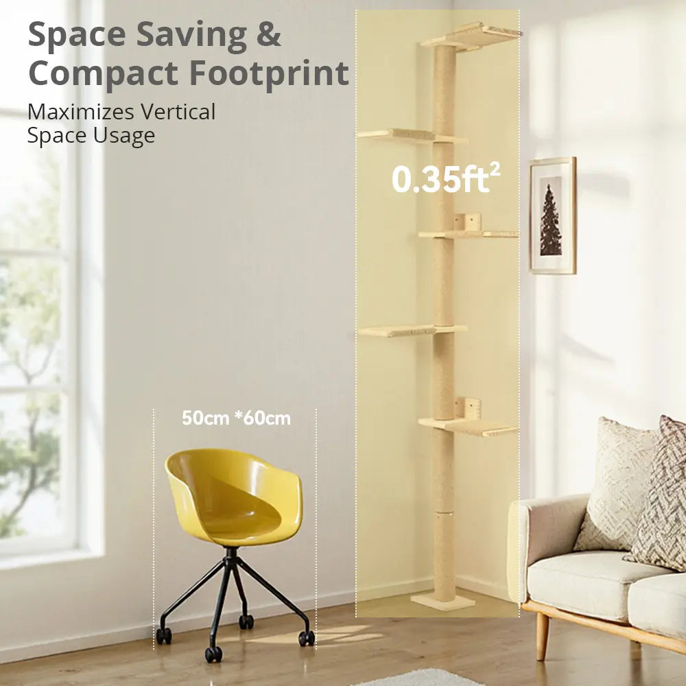 Petcozife 5-Tier Cat Tree Tower - Floor to Ceiling Wall-Mounted Scratching Post and Play Shelves for Cats