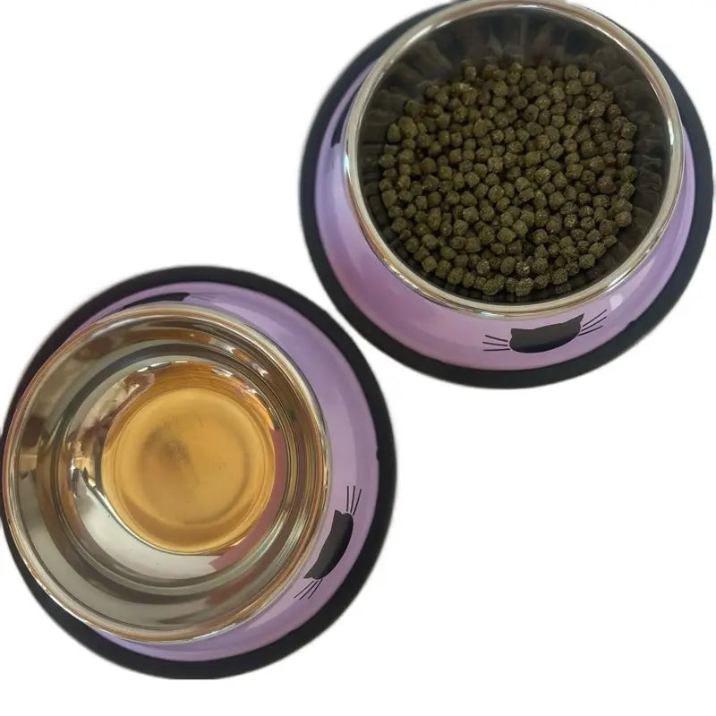 Stainless Steel Cat Kitten Feeding Bowls Set of 2 - Vibrant Kitty Print, Rubber Bottom for Stability, Ideal Serving Size for Pet Treats (Non-Smart, Dish Alternative Option)
