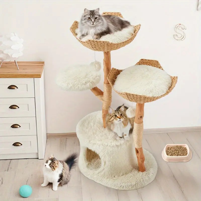 Natural Wood Multi-Level Cat Tower with Hand-Woven Baskets and Condo for Indoor Cats - White Finish