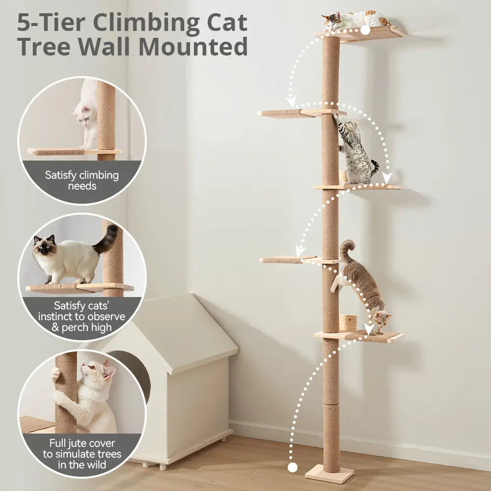 Petcozife 5-Tier Cat Tree Tower - Floor to Ceiling Wall-Mounted Scratching Post and Play Shelves for Cats