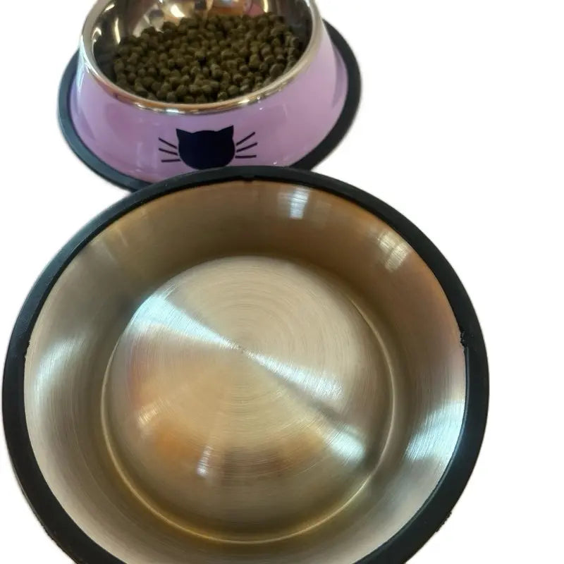 Stainless Steel Cat Kitten Feeding Bowls Set of 2 - Vibrant Kitty Print, Rubber Bottom for Stability, Ideal Serving Size for Pet Treats (Non-Smart, Dish Alternative Option)