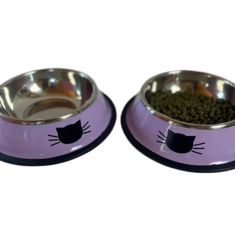 Stainless Steel Cat Kitten Feeding Bowls Set of 2 - Vibrant Kitty Print, Rubber Bottom for Stability, Ideal Serving Size for Pet Treats (Non-Smart, Dish Alternative Option)