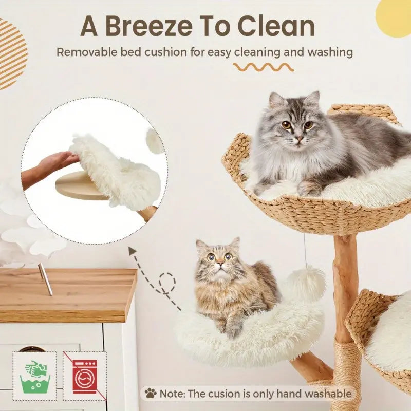 Natural Wood Multi-Level Cat Tower with Hand-Woven Baskets and Condo for Indoor Cats - White Finish