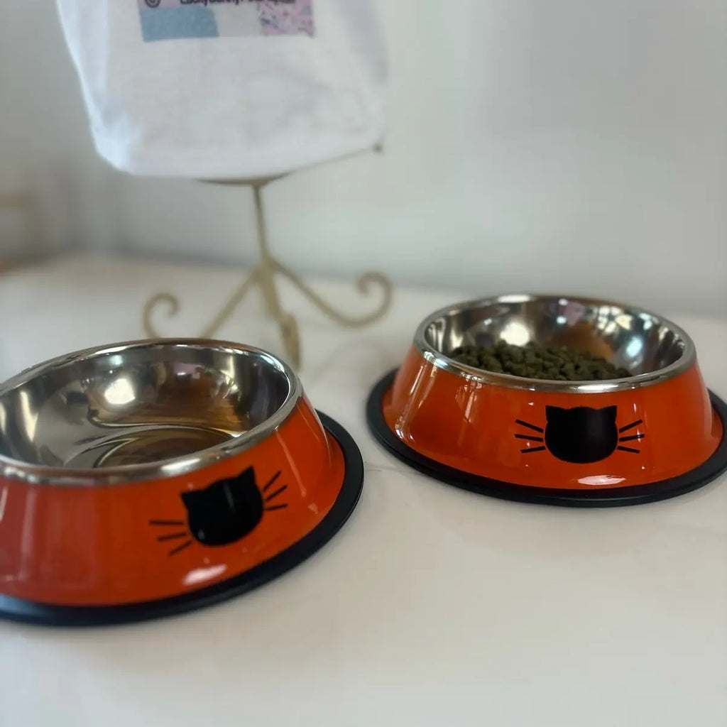 Stainless Steel Cat Kitten Feeding Bowls Set of 2 - Vibrant Kitty Print, Rubber Bottom for Stability, Ideal Serving Size for Pet Treats (Non-Smart, Dish Alternative Option)