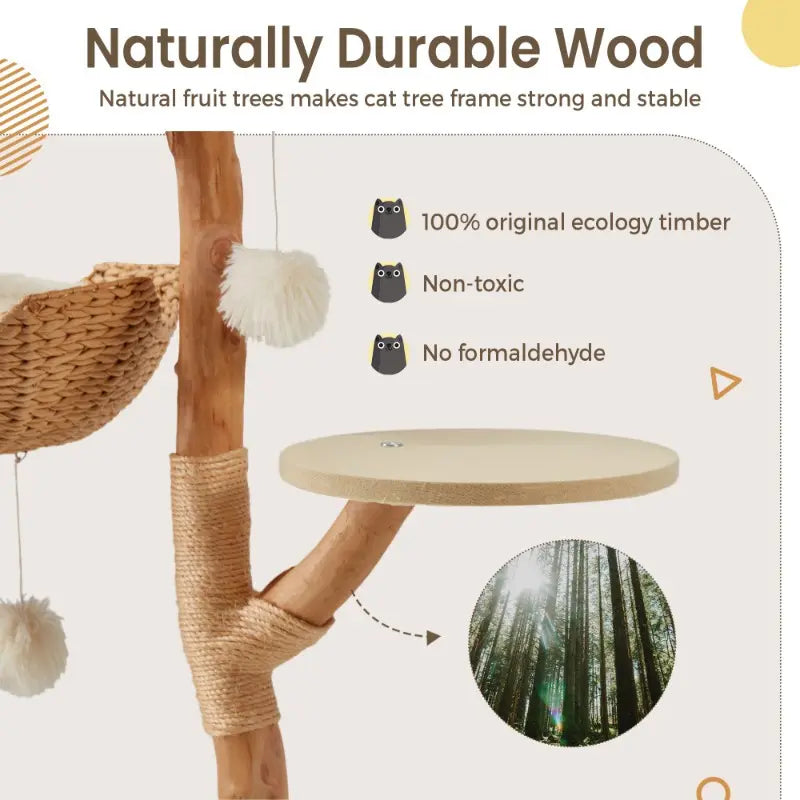 Natural Wood Multi-Level Cat Tower with Hand-Woven Baskets and Condo for Indoor Cats - White Finish