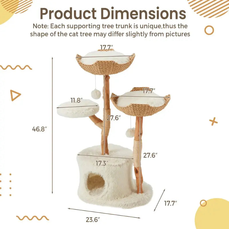 Natural Wood Multi-Level Cat Tower with Hand-Woven Baskets and Condo for Indoor Cats - White Finish