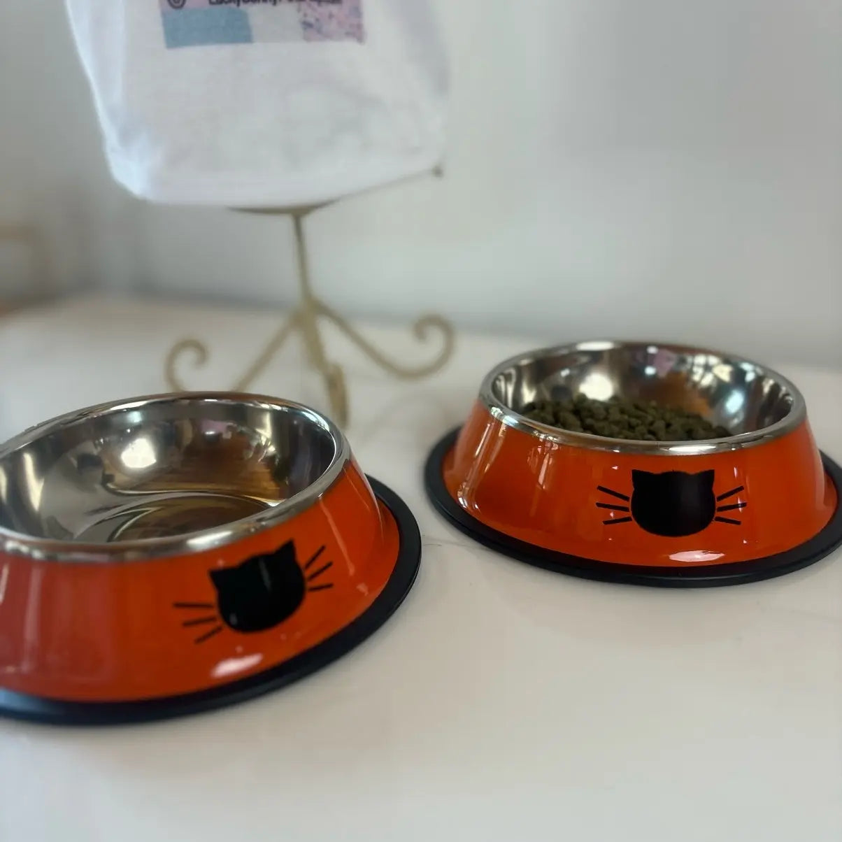 Stainless Steel Cat Kitten Feeding Bowls Set of 2 - Vibrant Kitty Print, Rubber Bottom for Stability, Ideal Serving Size for Pet Treats (Non-Smart, Dish Alternative Option)