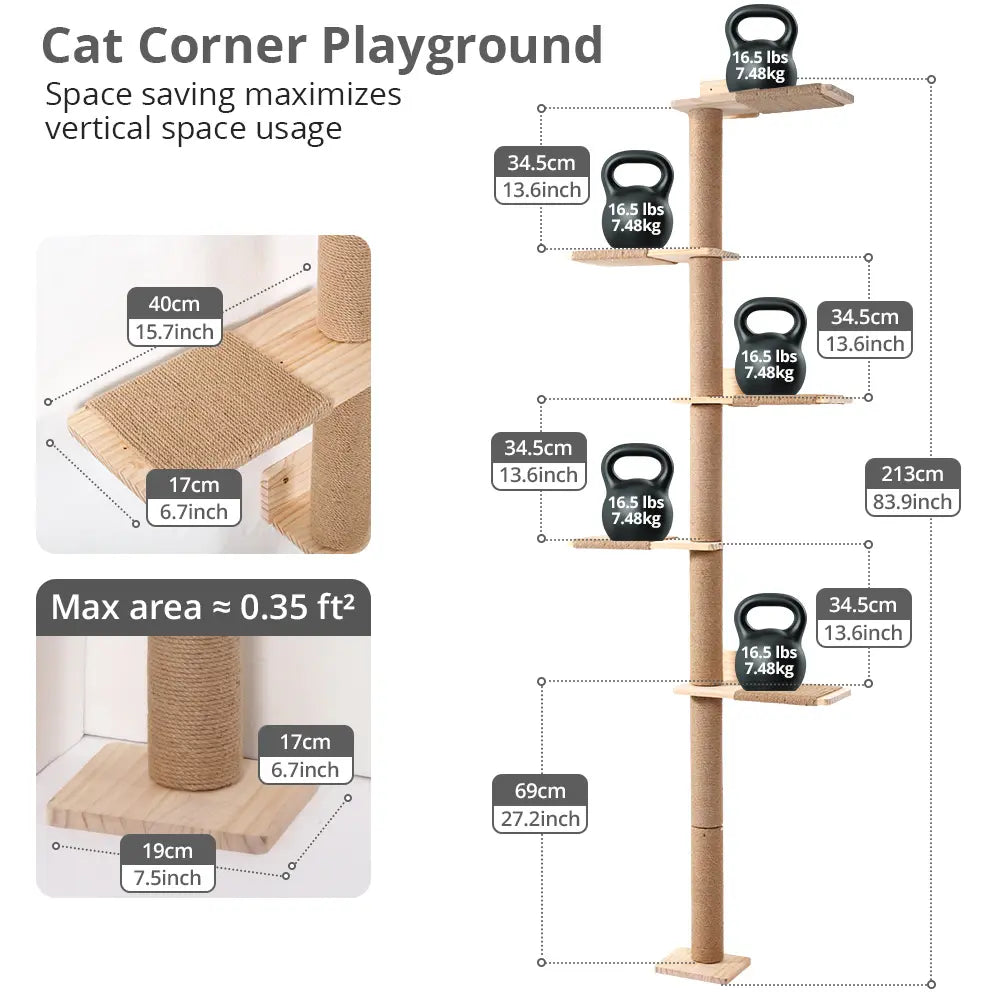 Petcozife 5-Tier Cat Tree Tower - Floor to Ceiling Wall-Mounted Scratching Post and Play Shelves for Cats