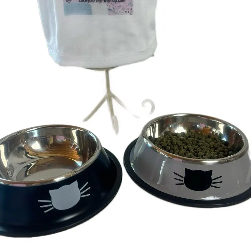 Stainless Steel Cat Kitten Feeding Bowls Set of 2 - Vibrant Kitty Print, Rubber Bottom for Stability, Ideal Serving Size for Pet Treats (Non-Smart, Dish Alternative Option)