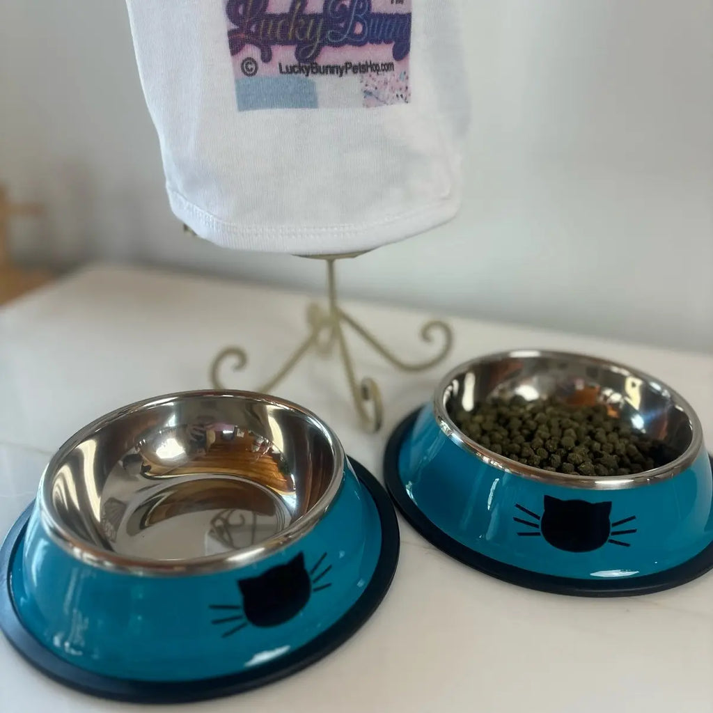 Stainless Steel Cat Kitten Feeding Bowls Set of 2 - Vibrant Kitty Print, Rubber Bottom for Stability, Ideal Serving Size for Pet Treats (Non-Smart, Dish Alternative Option)