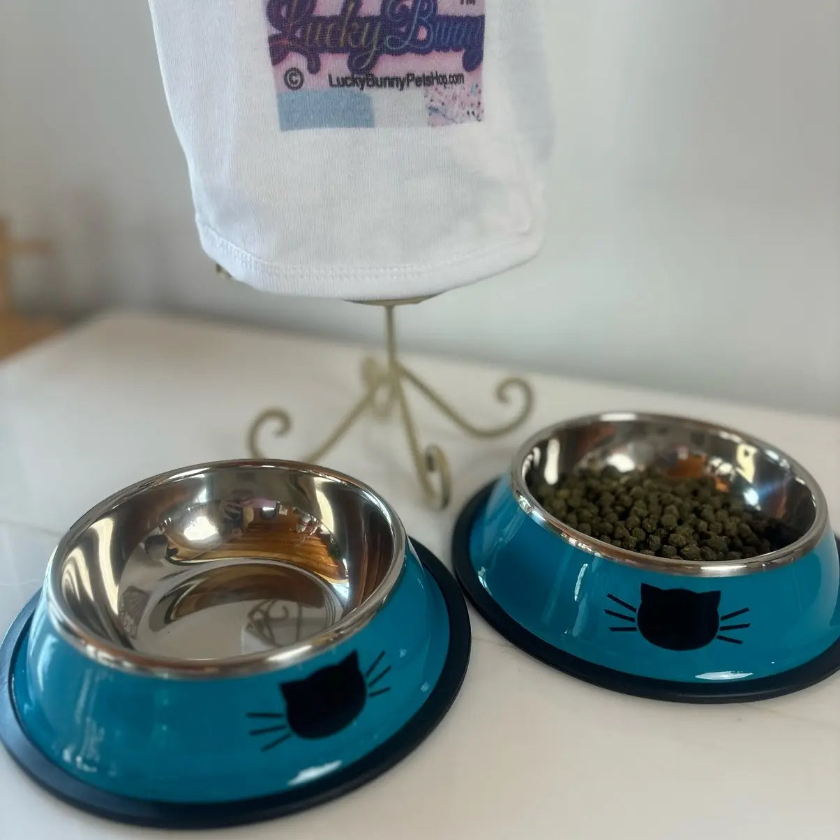 Stainless Steel Cat Kitten Feeding Bowls Set of 2 - Vibrant Kitty Print, Rubber Bottom for Stability, Ideal Serving Size for Pet Treats (Non-Smart, Dish Alternative Option)