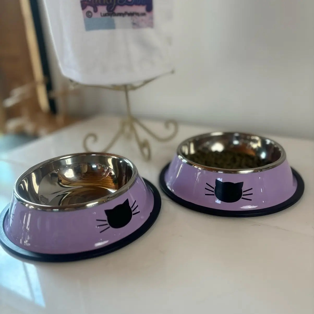 Stainless Steel Cat Kitten Feeding Bowls Set of 2 - Vibrant Kitty Print, Rubber Bottom for Stability, Ideal Serving Size for Pet Treats (Non-Smart, Dish Alternative Option)